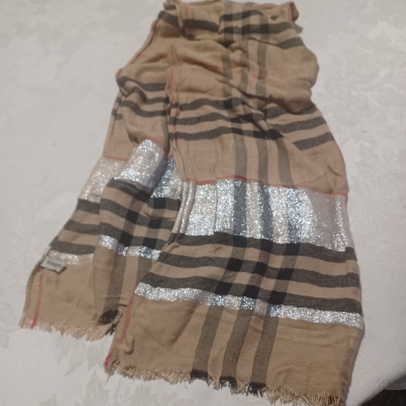 Burberry Silk Tan Scarf with Silver Metallic Accent - Picture 1 of 14